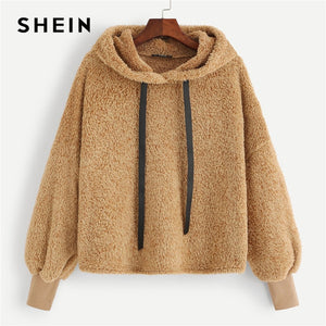 SHEIN Camel Plain Faux Fur Fluffy Teddy Hoodie Pullovers Casual Drawstring Preppy Sweatshirt Women Autumn Minimalist Sweatshirts