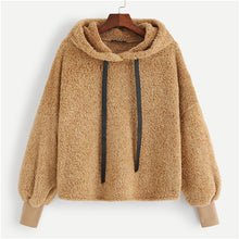 Load image into Gallery viewer, SHEIN Camel Plain Faux Fur Fluffy Teddy Hoodie Pullovers Casual Drawstring Preppy Sweatshirt Women Autumn Minimalist Sweatshirts