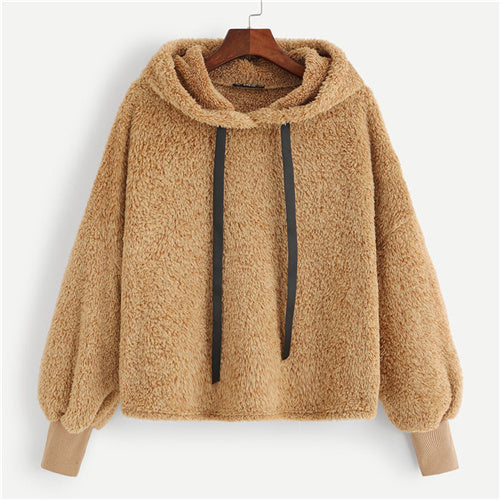 SHEIN Camel Plain Faux Fur Fluffy Teddy Hoodie Pullovers Casual Drawstring Preppy Sweatshirt Women Autumn Minimalist Sweatshirts