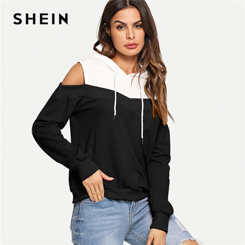 SHEIN Black And White Casual Preppy Cold Shoulder Drawstring Hoodie