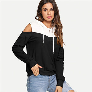 SHEIN Black And White Casual Preppy Cold Shoulder Drawstring Hoodie