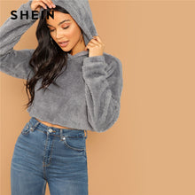 Load image into Gallery viewer, SHEIN Grey Minimalist Solid Drop Shoulder Crop Teddy Hoodie Sweatshirt Autumn Casual Fashion Women Pullovers Sweatshirts