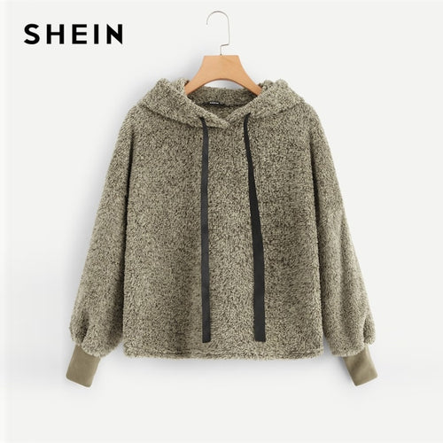 SHEIN Brown Elegant Drawstring Teddy Drawstring Hoodie Solid Sweatshirt Autumn Casual Minimalist Women Sweatshirts