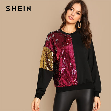 SHEIN Multicolor Highstreet Sequin Contrast Color Block Round Neck