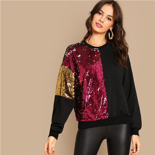 SHEIN Multicolor Highstreet Sequin Contrast Color Block Round Neck