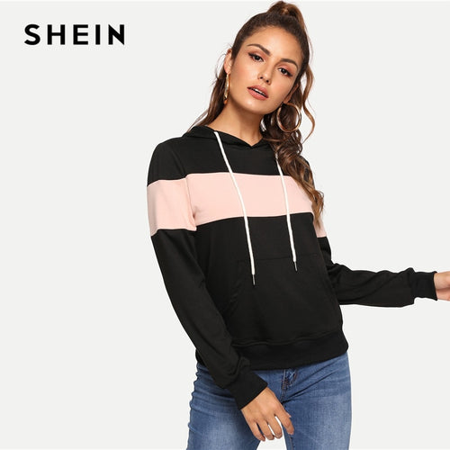 SHEIN Black Casual Hooded Drawstring Color Block Pocket Minimalist Pullovers Sweatshirt Autumn Preppy Women Sweatshirts