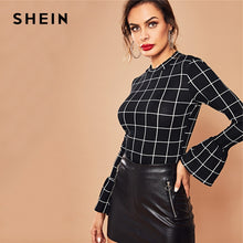 Load image into Gallery viewer, SHEIN Black Elegant Workwear Plaid Ruffle Cuff Bell Sleeve Stand Collar Grid Blouse Autumn Office Lady Women Tops And Blouses