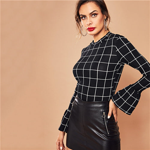 SHEIN Black Elegant Workwear Plaid Ruffle Cuff Bell Sleeve Stand Collar Grid Blouse Autumn Office Lady Women Tops And Blouses