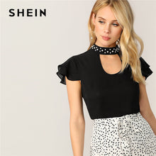 Load image into Gallery viewer, SHEIN Black Elegant Pearl Beaded Choker Neck Layered Ruffle Sleeve Blouse Women Tops Summer Solid Stand Collar Cut Out Lady Tops