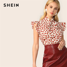 Load image into Gallery viewer, SHEIN Elegant Red Bow Tie Neck Ruffle Trim Petal Print Top Blouse