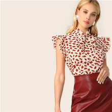 Load image into Gallery viewer, SHEIN Elegant Red Bow Tie Neck Ruffle Trim Petal Print Top Blouse