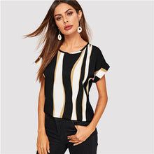 Load image into Gallery viewer, SHEIN Cuffed Sleeve Color Block Top 2019 Elegant Round Neck Roll Up Sleeve Blouse Chic Summer Short Sleeve Women Blouses