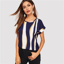 Load image into Gallery viewer, SHEIN Cuffed Sleeve Color Block Top 2019 Elegant Round Neck Roll Up Sleeve Blouse Chic Summer Short Sleeve Women Blouses