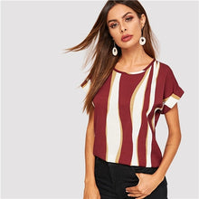 Load image into Gallery viewer, SHEIN Cuffed Sleeve Color Block Top 2019 Elegant Round Neck Roll Up Sleeve Blouse Chic Summer Short Sleeve Women Blouses