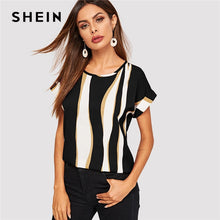 Load image into Gallery viewer, SHEIN Cuffed Sleeve Color Block Top 2019 Elegant Round Neck Roll Up Sleeve Blouse Chic Summer Short Sleeve Women Blouses